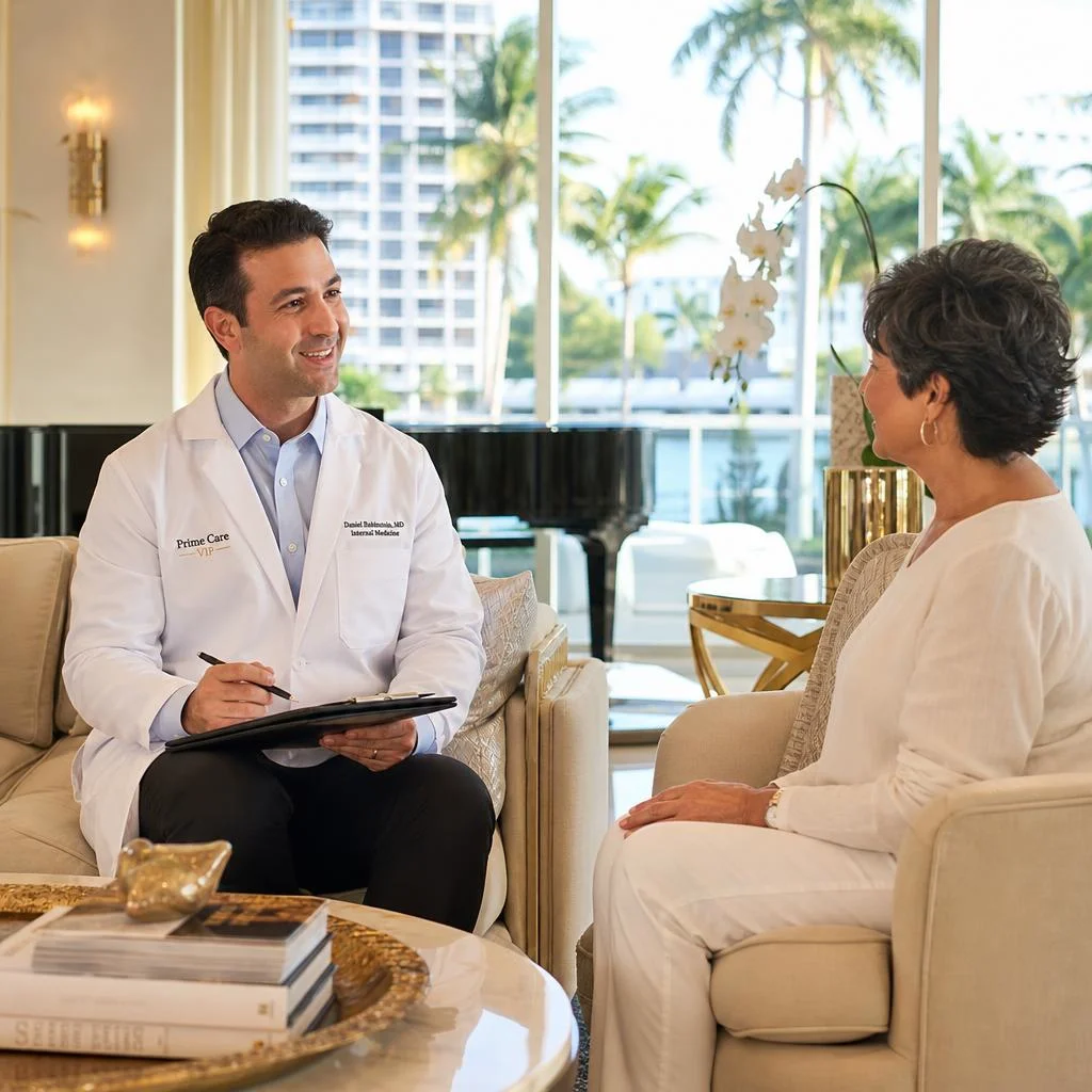 A Prime Care VIP physician having a warm professional conversation with a patient during a concierge house call visit in Gulf Gate