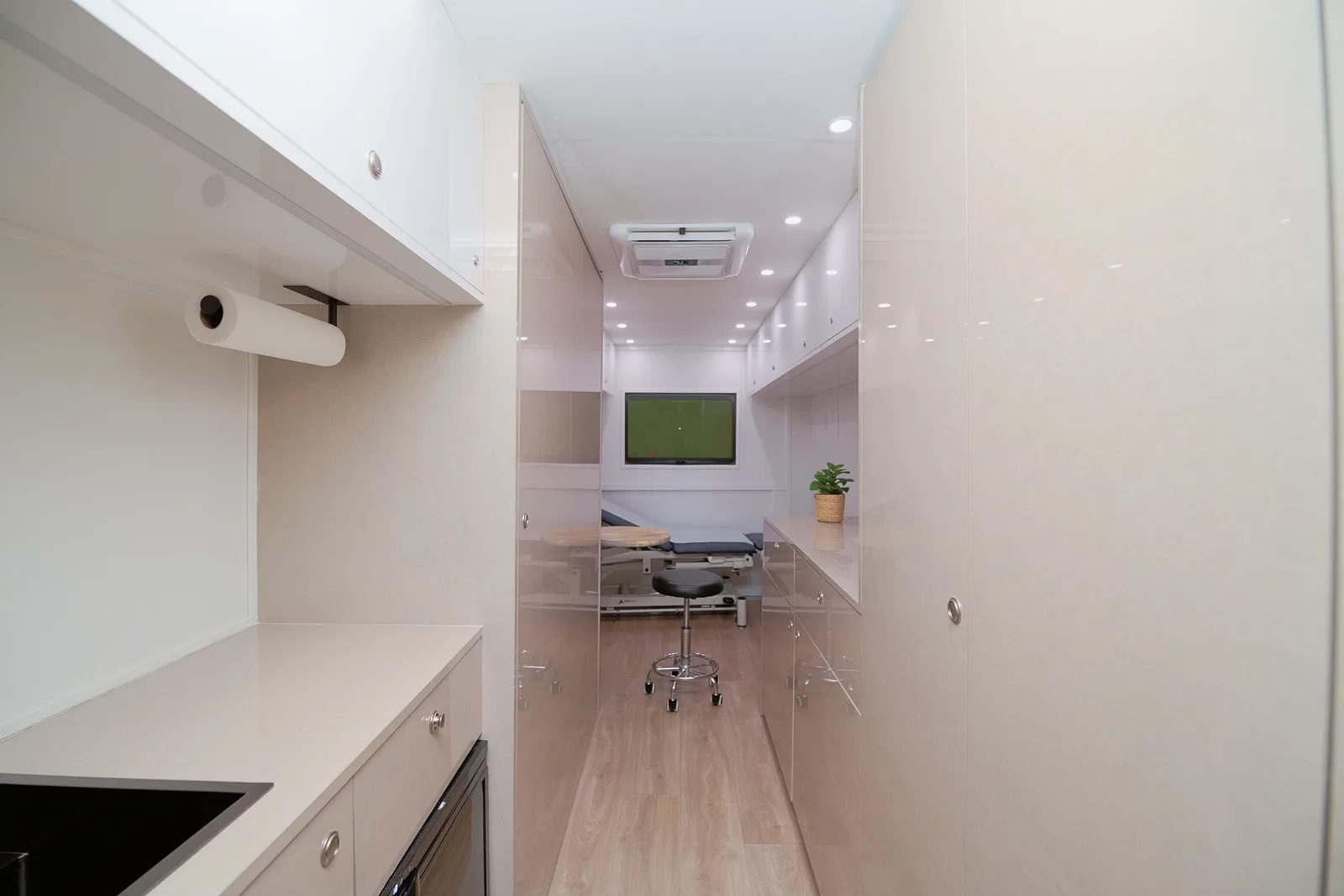 Bright interior corridor of the PrimeCare Mobile Medical Office