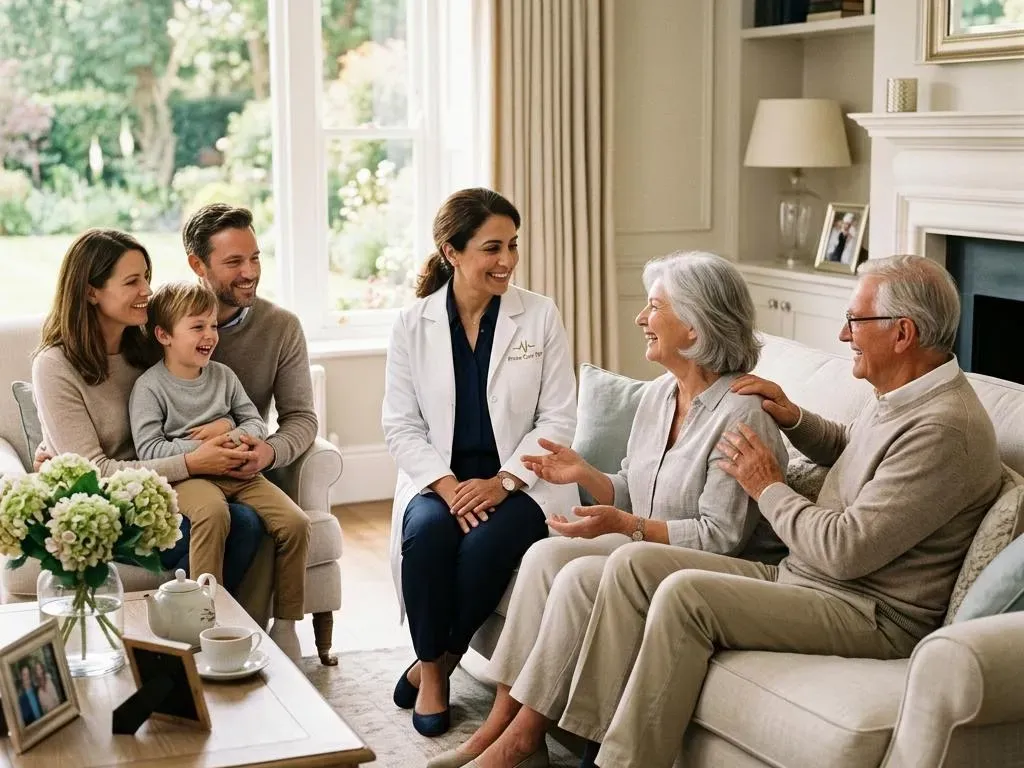 A Prime Care VIP physician in a white coat visiting a multigenerational family at home