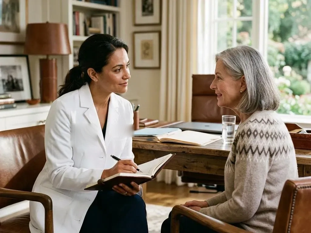 A Prime Care VIP physician in a white coat in a one-on-one consultation with a member
